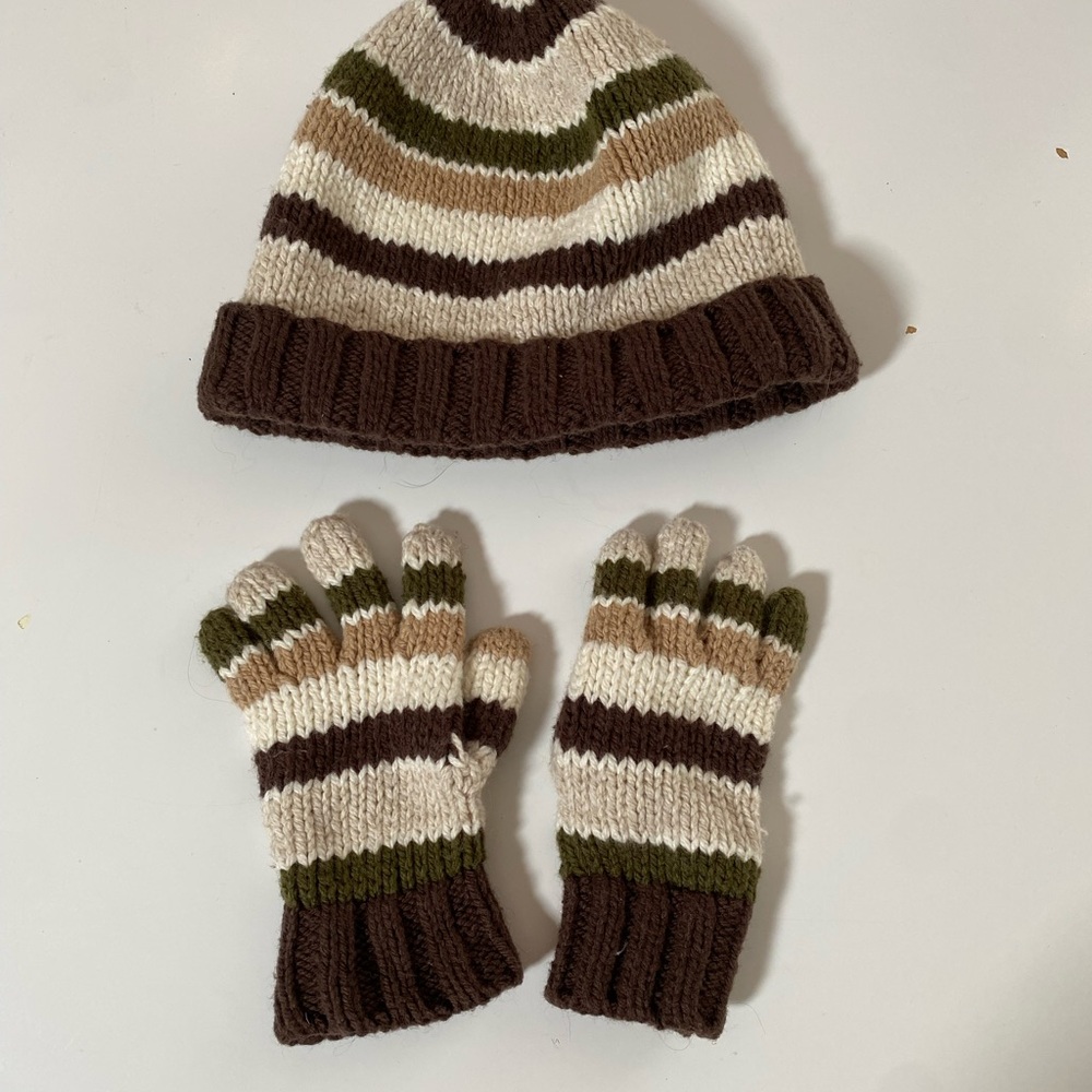 Striped Brown and Green Kids Beanie and Gloves Set